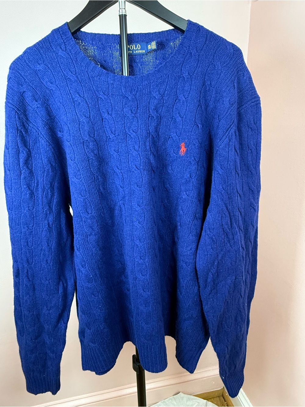 Ralph Lauren Men’s Royal Blue Cable Knit Crewneck Sweater with Red Pony